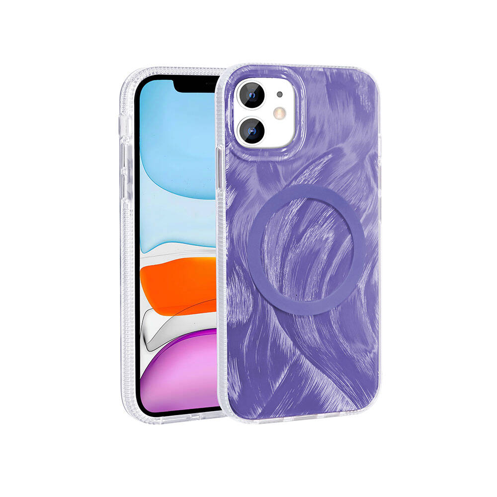 Apple iPhone 11 Kılıf M-safe Şarj Özellikli Fırça Boya Desenli Zore Palet Kapak Mor