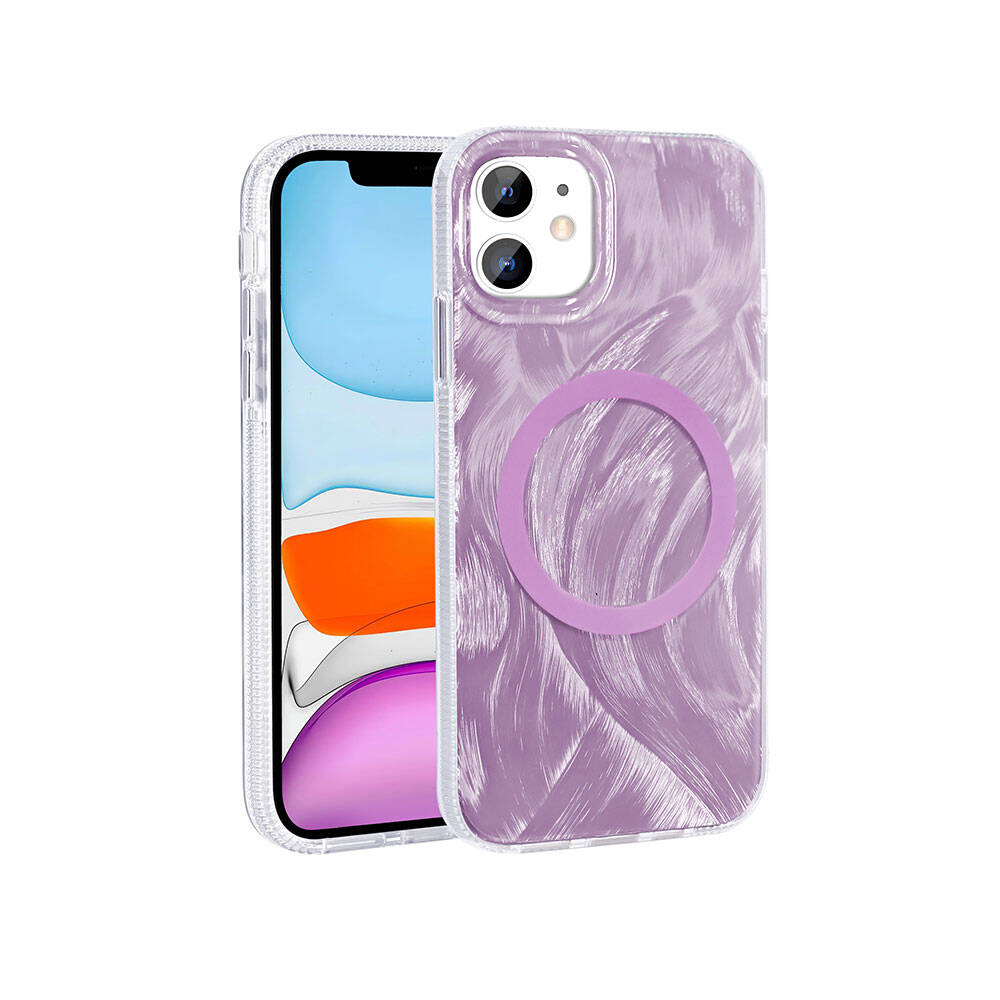 Apple iPhone 11 Kılıf M-safe Şarj Özellikli Fırça Boya Desenli Zore Palet Kapak Mor