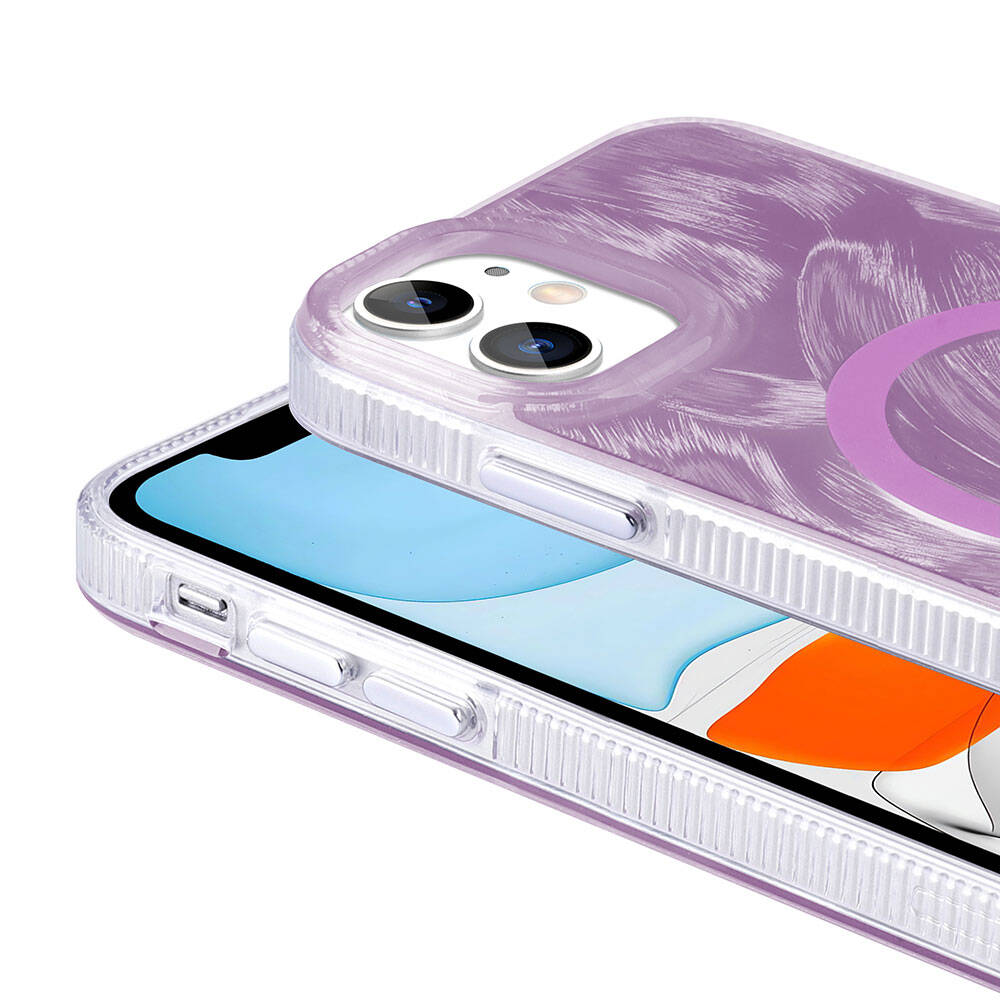 Apple iPhone 11 Kılıf M-safe Şarj Özellikli Fırça Boya Desenli Zore Palet Kapak Mor