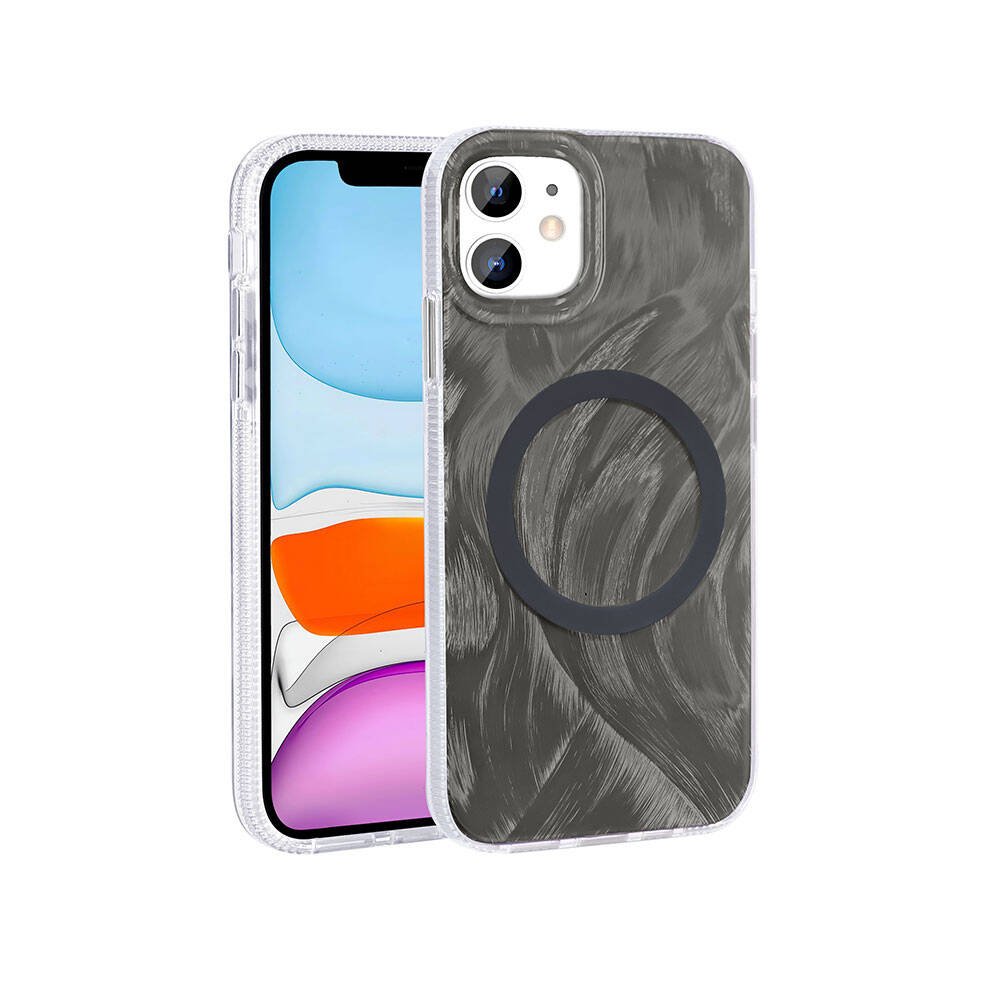 Apple iPhone 11 Kılıf M-safe Şarj Özellikli Fırça Boya Desenli Zore Palet Kapak Gri