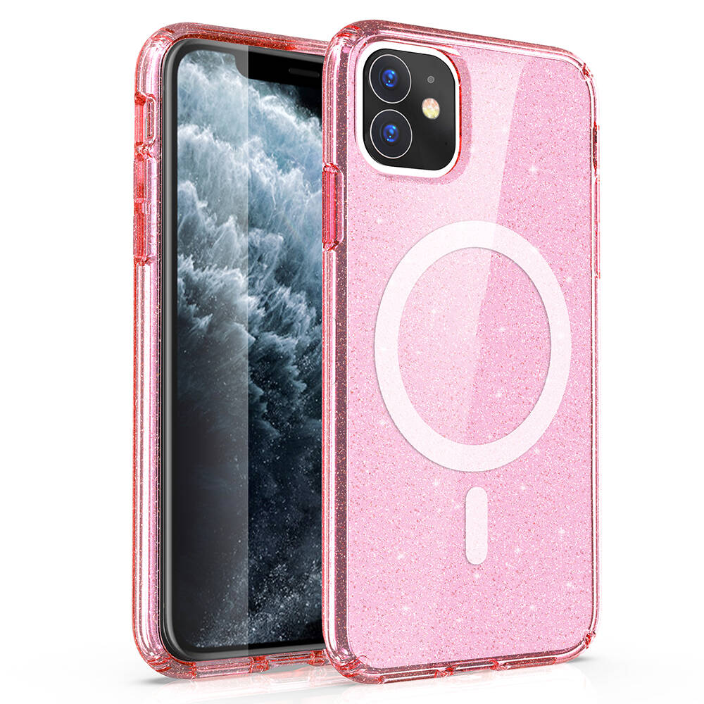 Apple iPhone 11 Kılıf M-safe Şarj Özellikli Parlayan Simli Saydam Renkli Zore Allstar Kapak Pembe