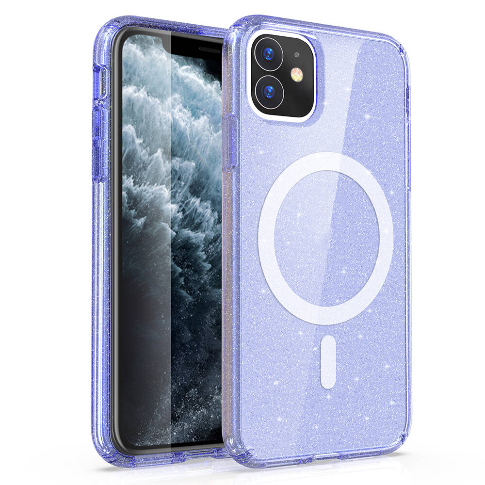Apple iPhone 11 Kılıf M-safe Şarj Özellikli Parlayan Simli Saydam Renkli Zore Allstar Kapak Mor