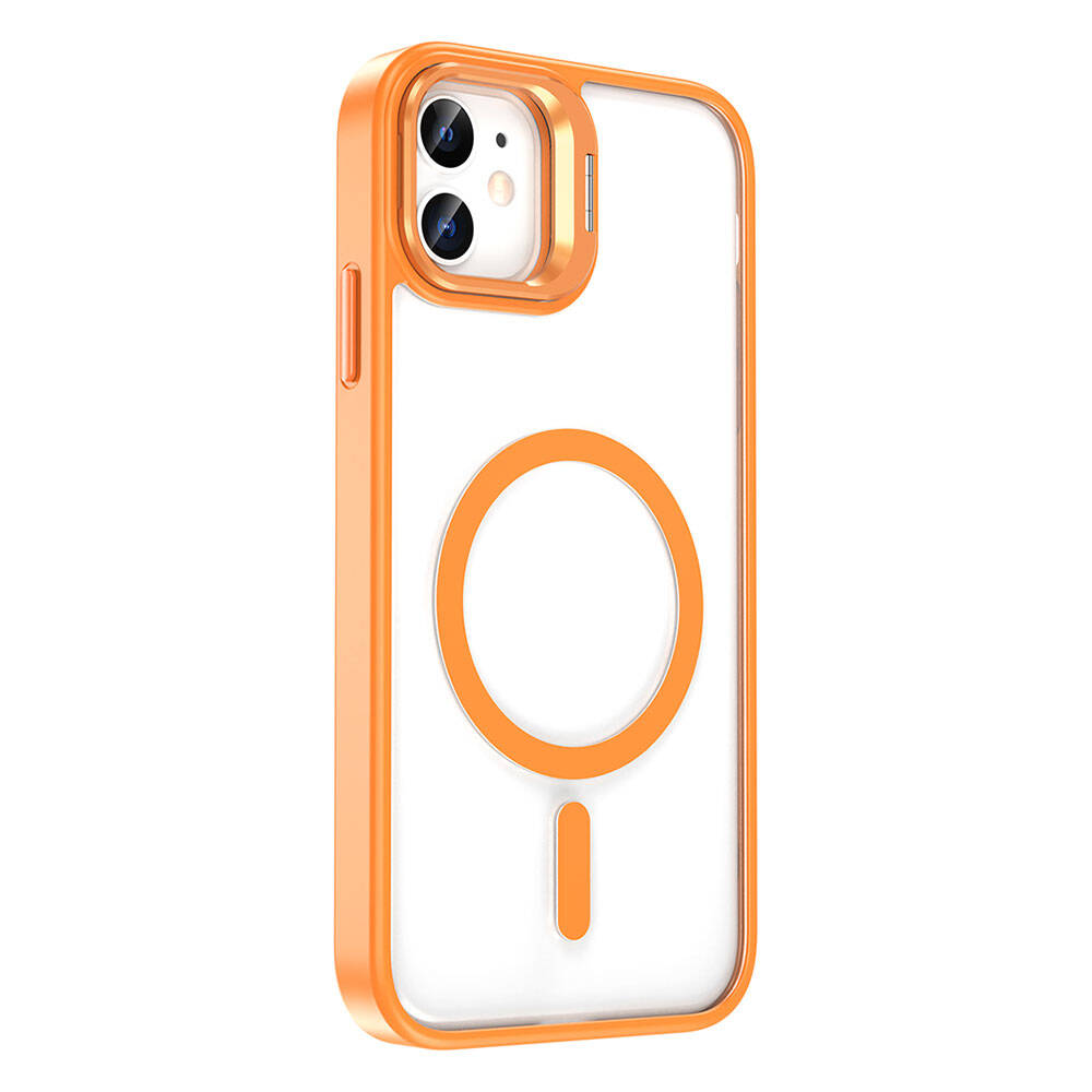 Apple iPhone 11 Kılıf M-safe Şarj Özellikli Standlı Zore M-safe Klon Lensli Kapak Turuncu