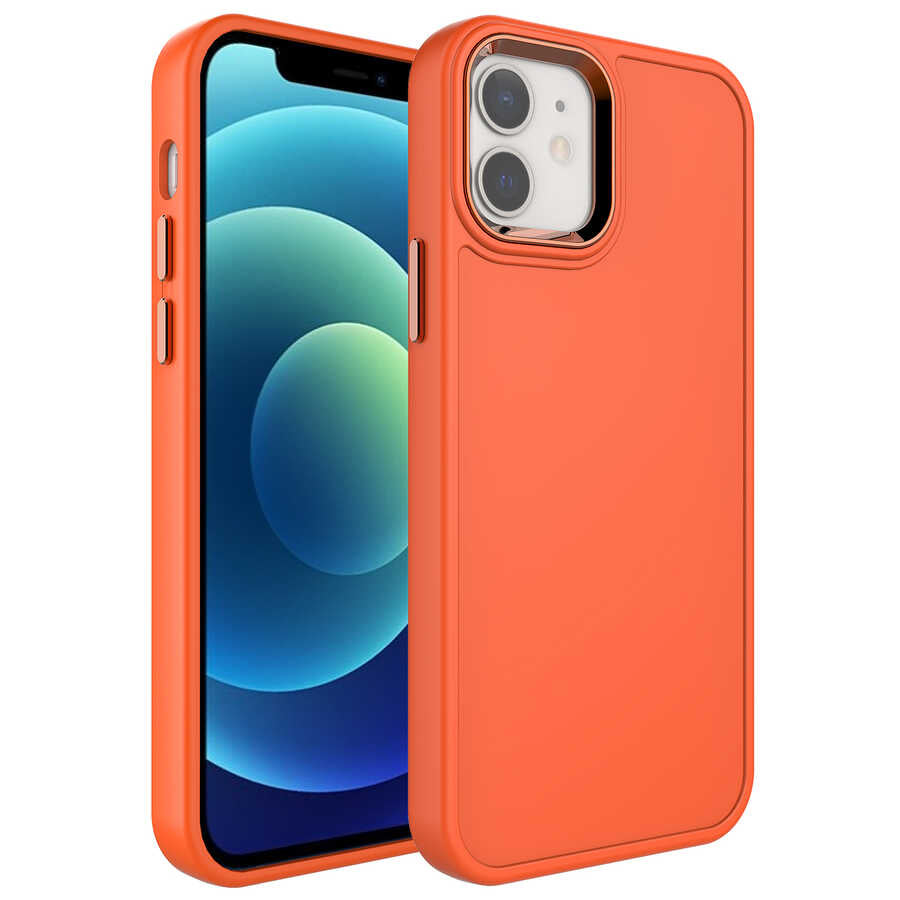 Apple iPhone 11 Kılıf Metal Çerçeve ve Buton Tasarımlı Sert Zore Botox Kapak Turuncu