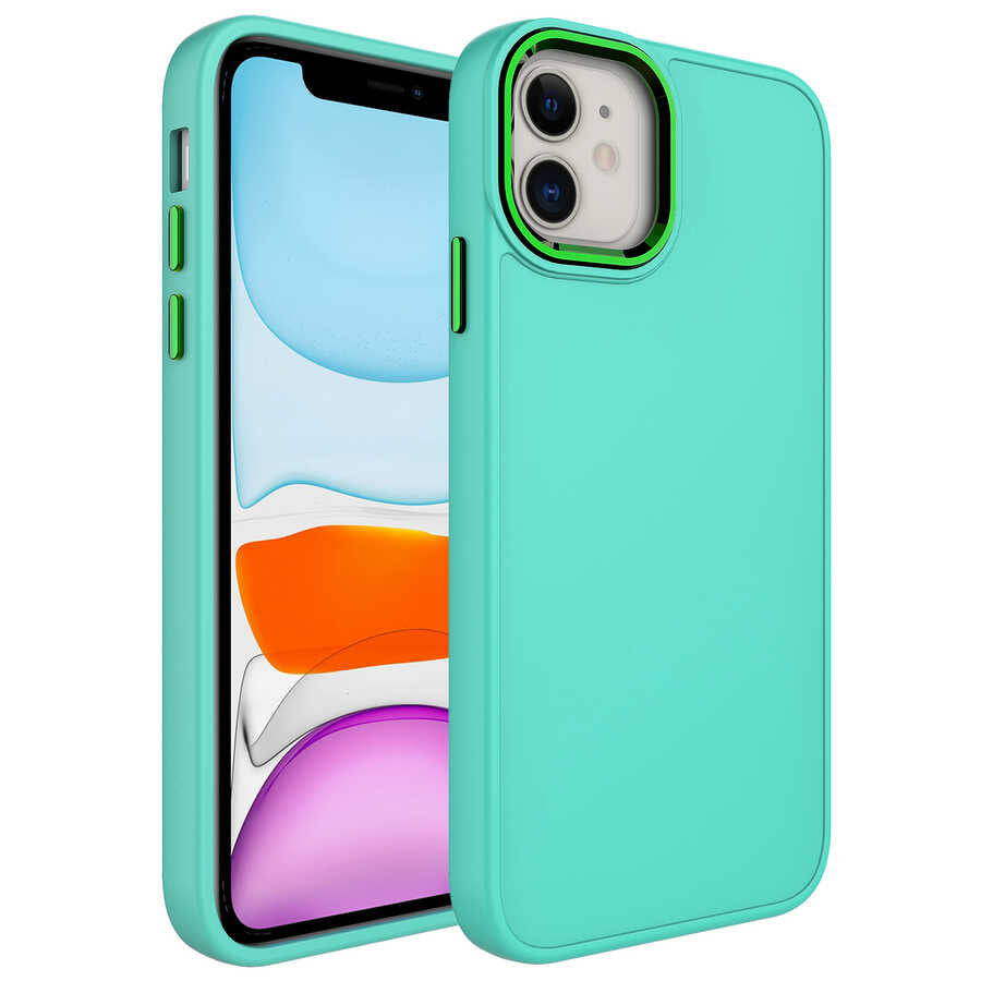 Apple iPhone 11 Kılıf Metal Çerçeve ve Buton Tasarımlı Silikon Zore Luna Kapak Turkuaz