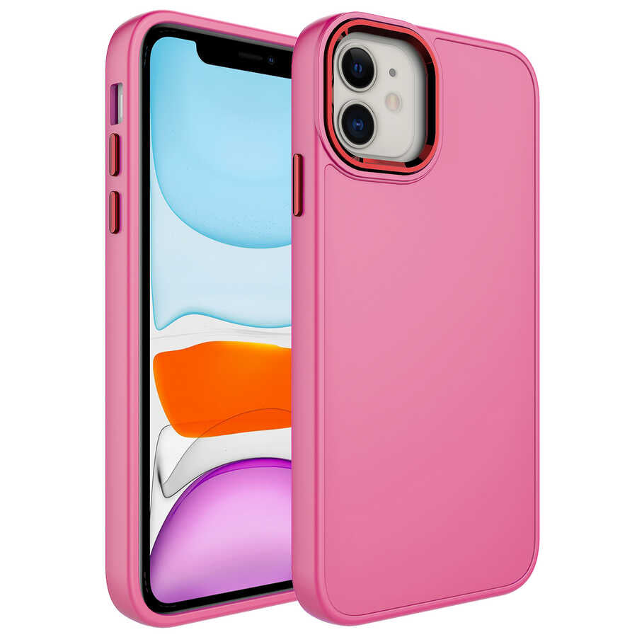 Apple iPhone 11 Kılıf Metal Çerçeve ve Buton Tasarımlı Silikon Zore Luna Kapak Pembe