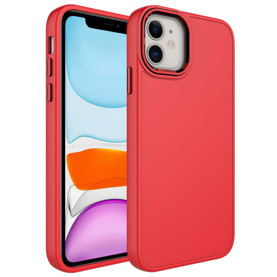 Apple iPhone 11 Kılıf Metal Çerçeve ve Buton Tasarımlı Silikon Zore Luna Kapak Kırmızı