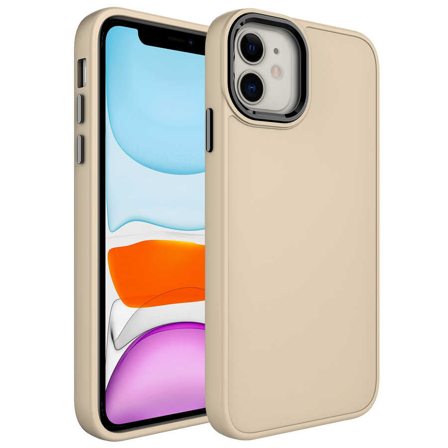Apple iPhone 11 Kılıf Metal Çerçeve ve Buton Tasarımlı Silikon Zore Luna Kapak Krem