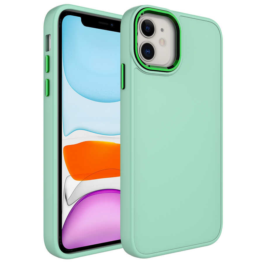 Apple iPhone 11 Kılıf Metal Çerçeve ve Buton Tasarımlı Silikon Zore Luna Kapak Su Yeşil