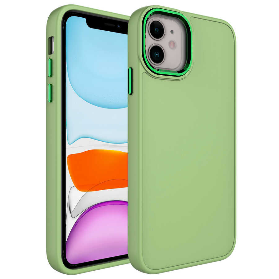 Apple iPhone 11 Kılıf Metal Çerçeve ve Buton Tasarımlı Silikon Zore Luna Kapak Yeşil