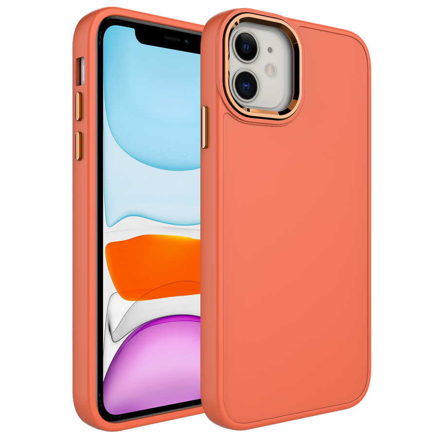 Apple iPhone 11 Kılıf Metal Çerçeve ve Buton Tasarımlı Silikon Zore Luna Kapak Turuncu