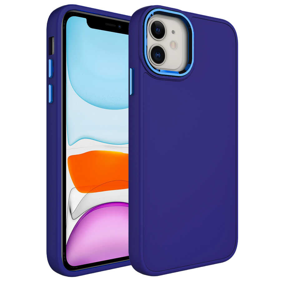 Apple iPhone 11 Kılıf Metal Çerçeve ve Buton Tasarımlı Silikon Zore Luna Kapak Saks Mavi