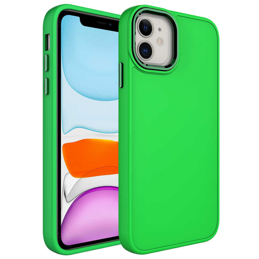 Apple iPhone 11 Kılıf Metal Çerçeve ve Buton Tasarımlı Silikon Zore Luna Kapak Fosfor Yeşili