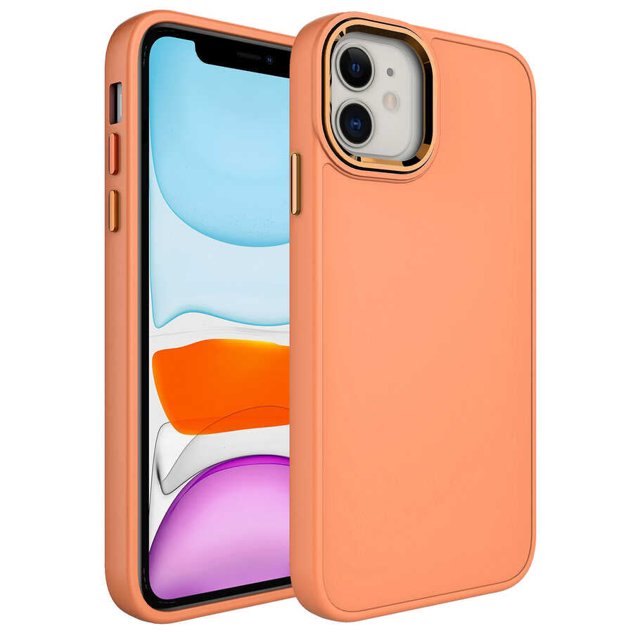 Apple iPhone 11 Kılıf Metal Çerçeve ve Buton Tasarımlı Silikon Zore Luna Kapak Açık Turuncu