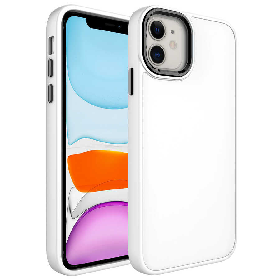 Apple iPhone 11 Kılıf Metal Çerçeve ve Buton Tasarımlı Silikon Zore Luna Kapak Beyaz