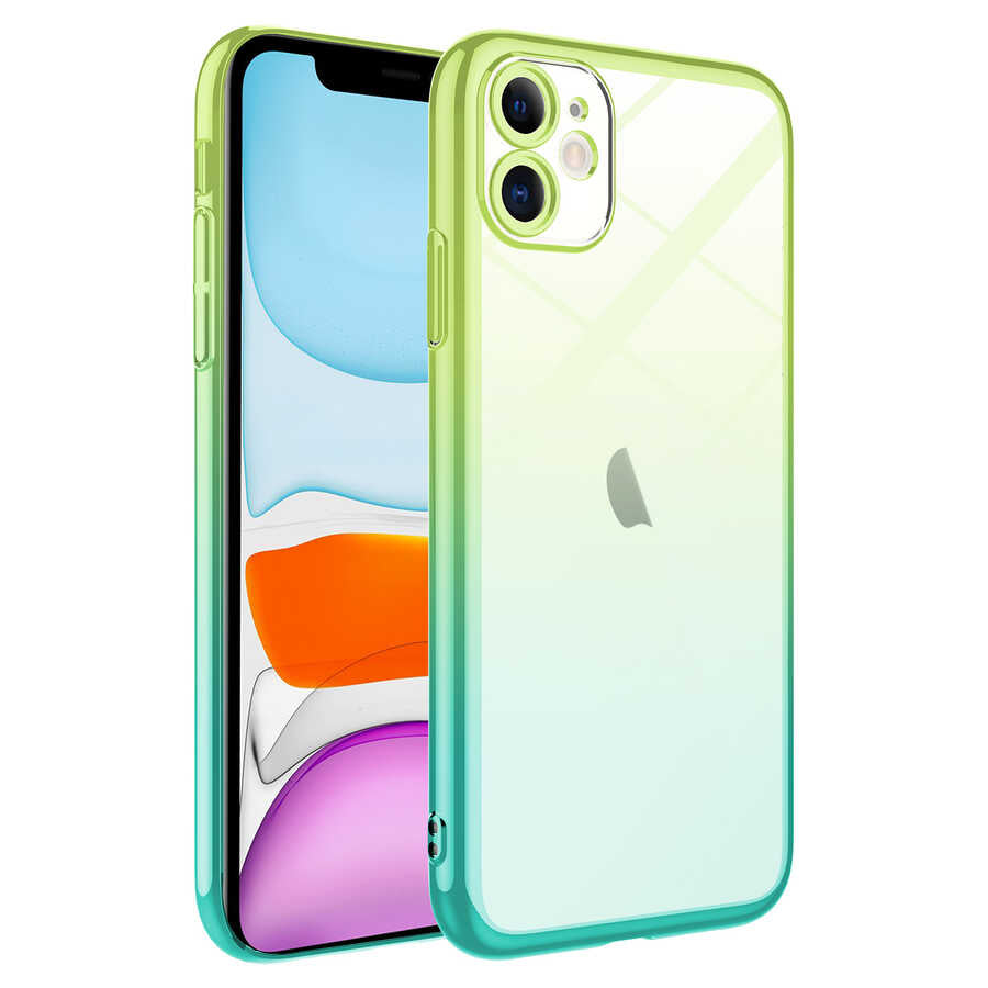 Apple iPhone 11 Kılıf Parlak Renk Geçişli Kamera Korumalı Zore Senkron Kapak Yeşil-Mavi