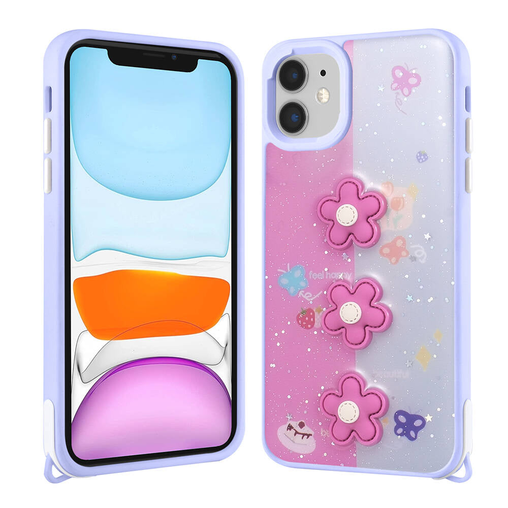 Apple iPhone 11 Kılıf Parlayan Simli Kabartma Figürlü Zore Cevze Kapak Pembe
