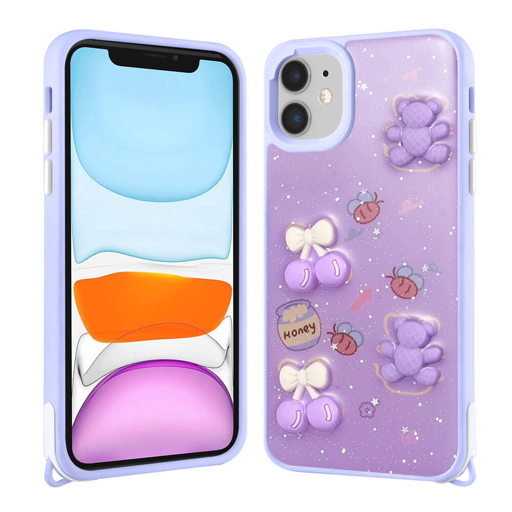 Apple iPhone 11 Kılıf Parlayan Simli Kabartma Figürlü Zore Cevze Kapak Mor Ayı