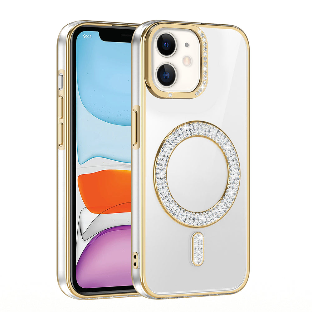 Apple iPhone 11 Kılıf Pırlanta Taş Tasarımlı M-safe Şarj Özellikli Zore Karetta Silikon Kapak Rose Gold