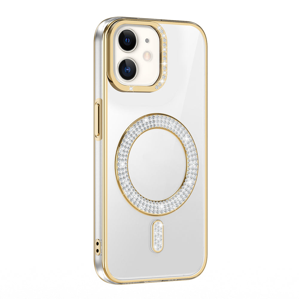 Apple iPhone 11 Kılıf Pırlanta Taş Tasarımlı M-safe Şarj Özellikli Zore Karetta Silikon Kapak Gold