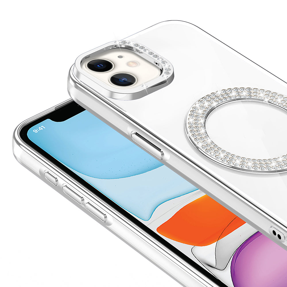 Apple iPhone 11 Kılıf Pırlanta Taş Tasarımlı M-safe Şarj Özellikli Zore Karetta Silikon Kapak Mavi