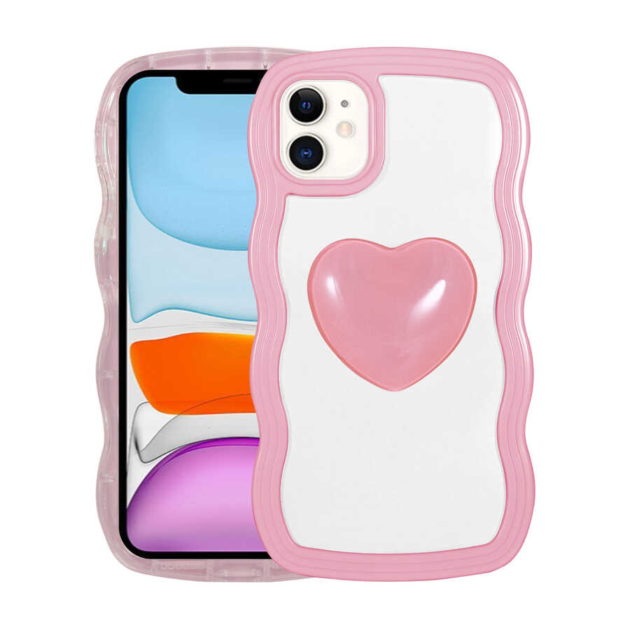 Apple iPhone 11 Kılıf Renkli Kalp Figürlü Zore Ponçik Kapak Pembe