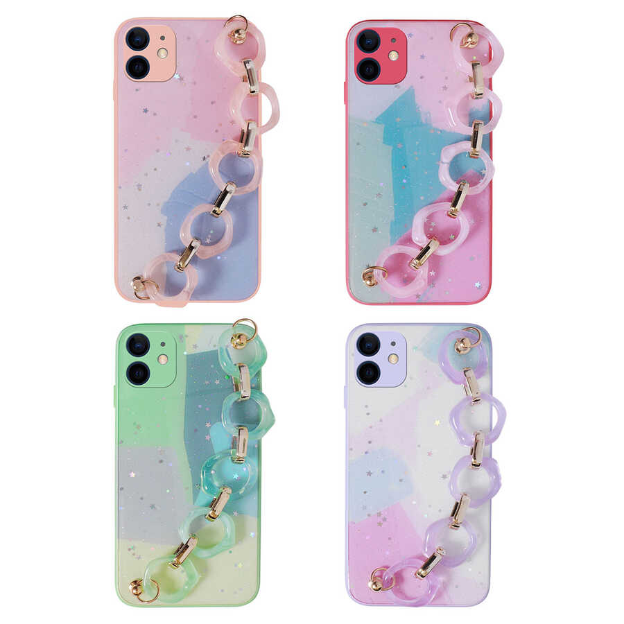 Apple iPhone 11 Kılıf Simli Desenli El Askılı Tutacaklı Zore Elsa Silikon Kapak Pembe Koyu