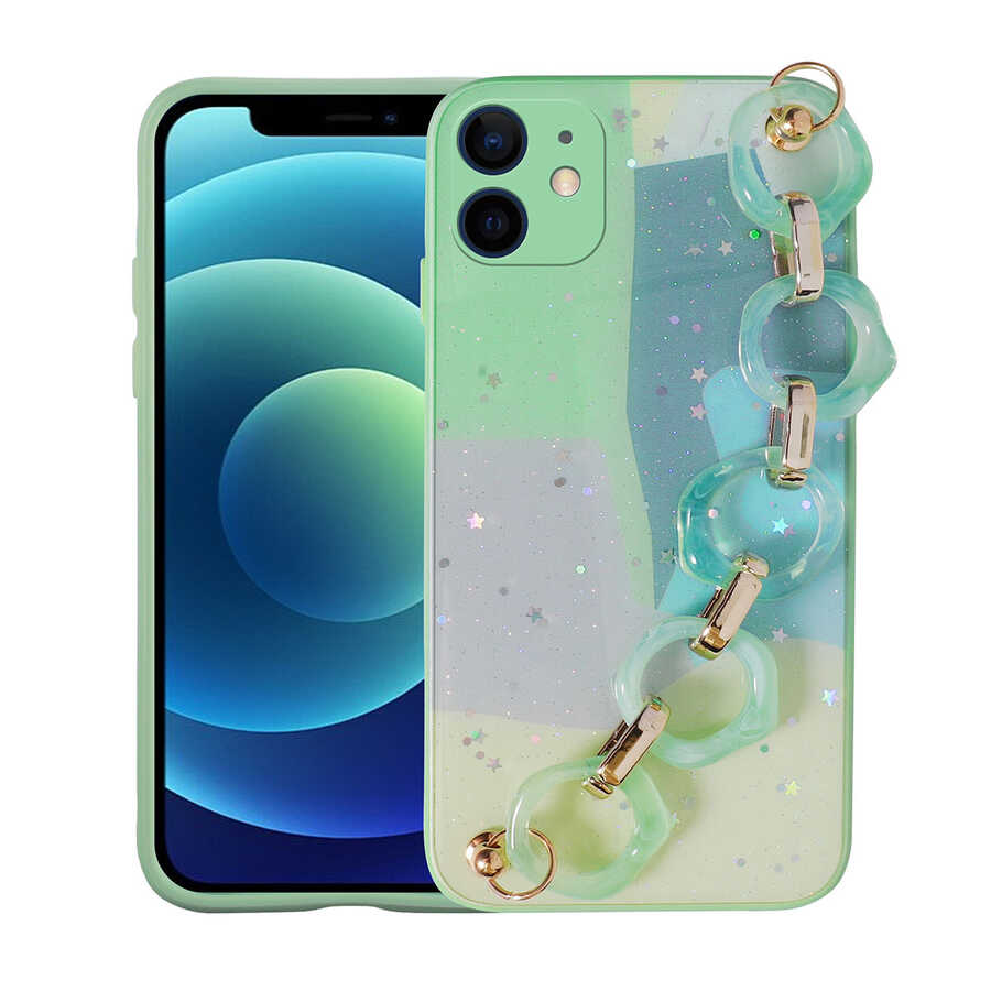 Apple iPhone 11 Kılıf Simli Desenli El Askılı Tutacaklı Zore Elsa Silikon Kapak Yeşil