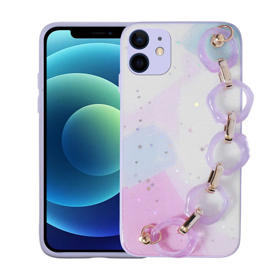 Apple iPhone 11 Kılıf Simli Desenli El Askılı Tutacaklı Zore Elsa Silikon Kapak Lila