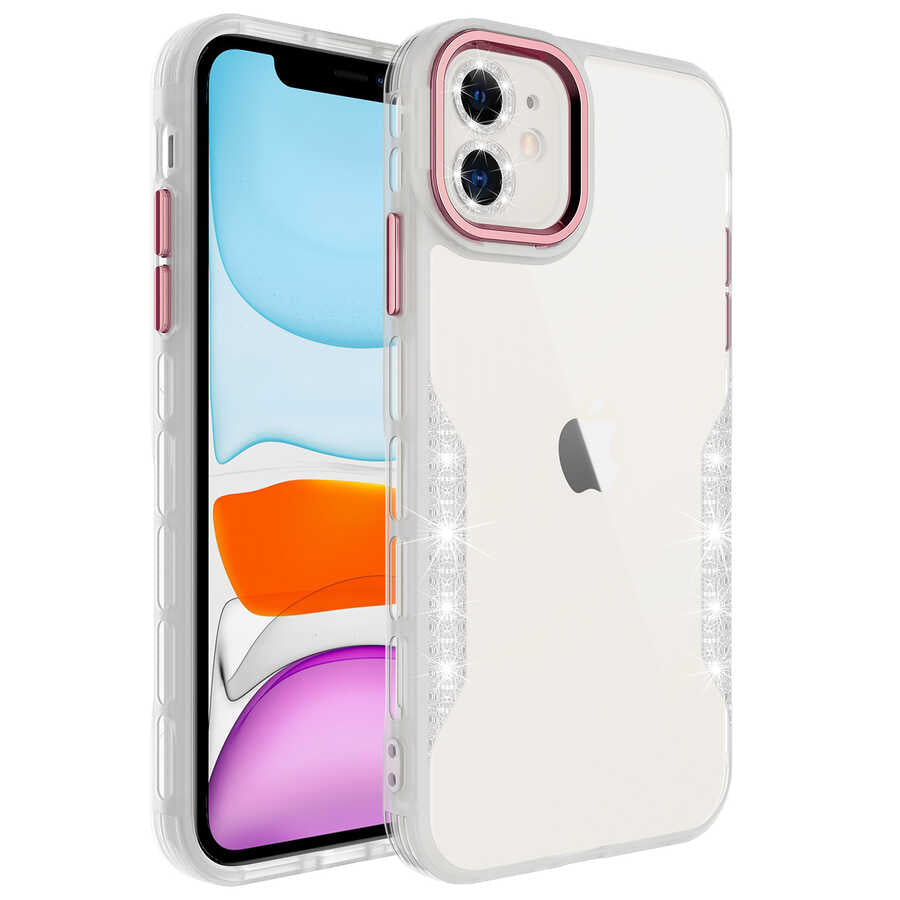 Apple iPhone 11 Kılıf Simli ve Lens Korumalı Zore Pano Kapak Rose Gold