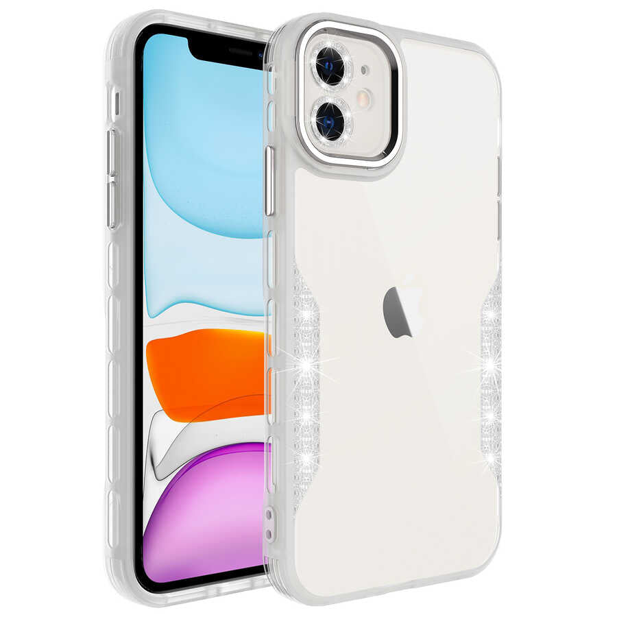 Apple iPhone 11 Kılıf Simli ve Lens Korumalı Zore Pano Kapak Gümüş