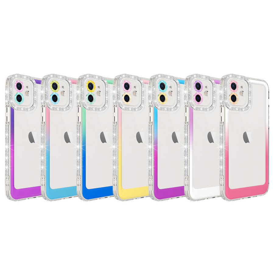 Apple iPhone 11 Kılıf Simli ve Renk Geçiş Tasarımlı Lens Korumalı Zore Park Kapak Mor-Pembe