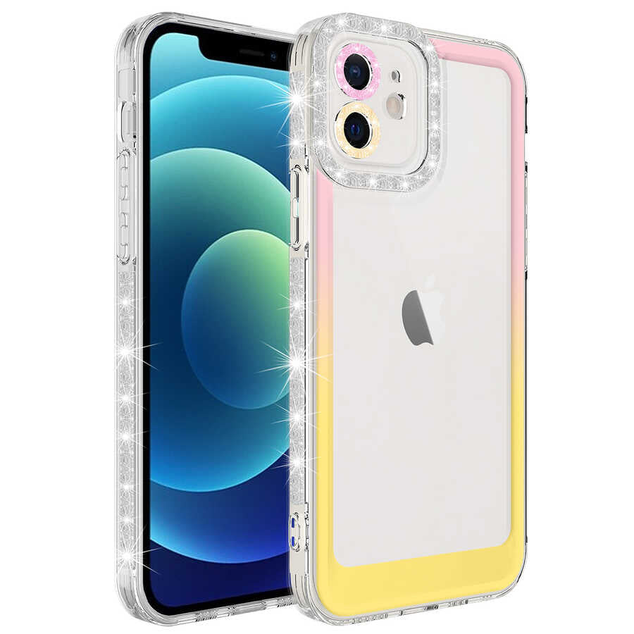 Apple iPhone 11 Kılıf Simli ve Renk Geçiş Tasarımlı Lens Korumalı Zore Park Kapak Pembe-Sarı