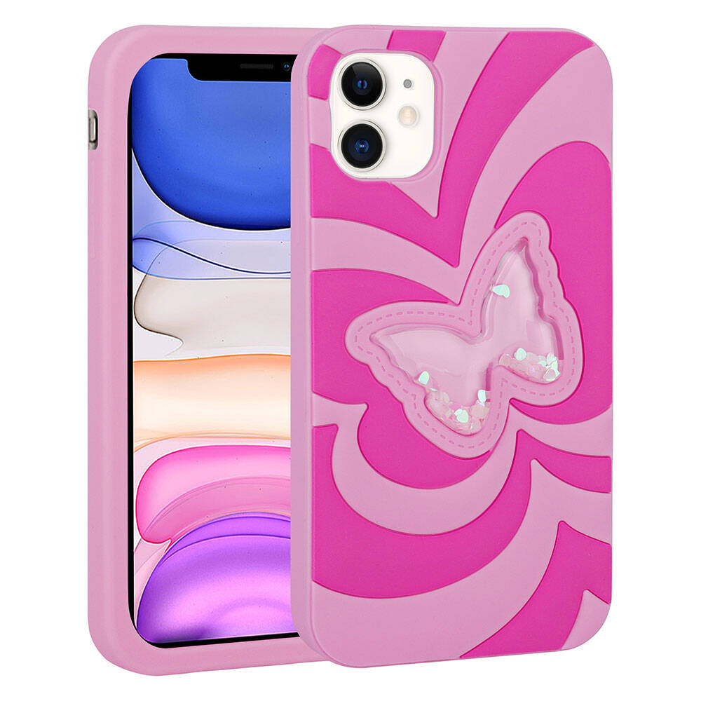 Apple iPhone 11 Kılıf Sıvılı Simli Kelebekli Tasarım Zore Vodena Kapak Pembe Koyu