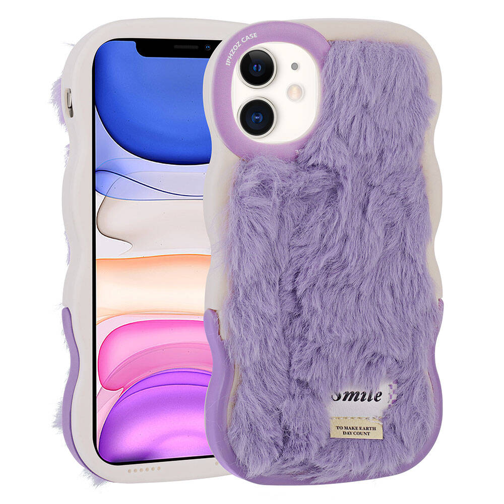 Apple iPhone 11 Kılıf Standlı Kamera Korumalı Tüylü Arka Yüzey Tasarım Zore Mona Kapak Pembe