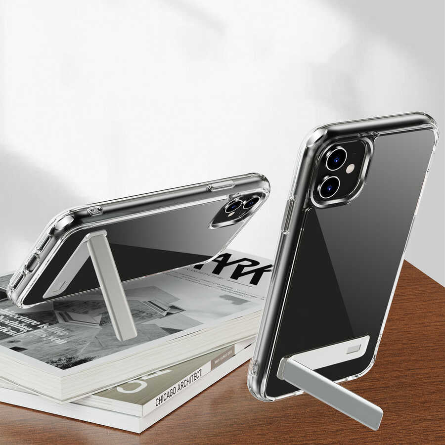 Apple iPhone 11 Kılıf Standlı Şeffaf Silikon Zore L-Stand Kapak Renksiz