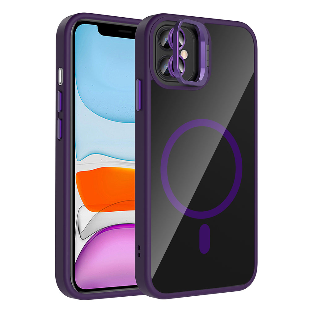 Apple iPhone 11 Kılıf Standlı ve Kamera Lens Hediyeli M-Safe Şarj Özellikli Zore Etro Kapak Derin Mor