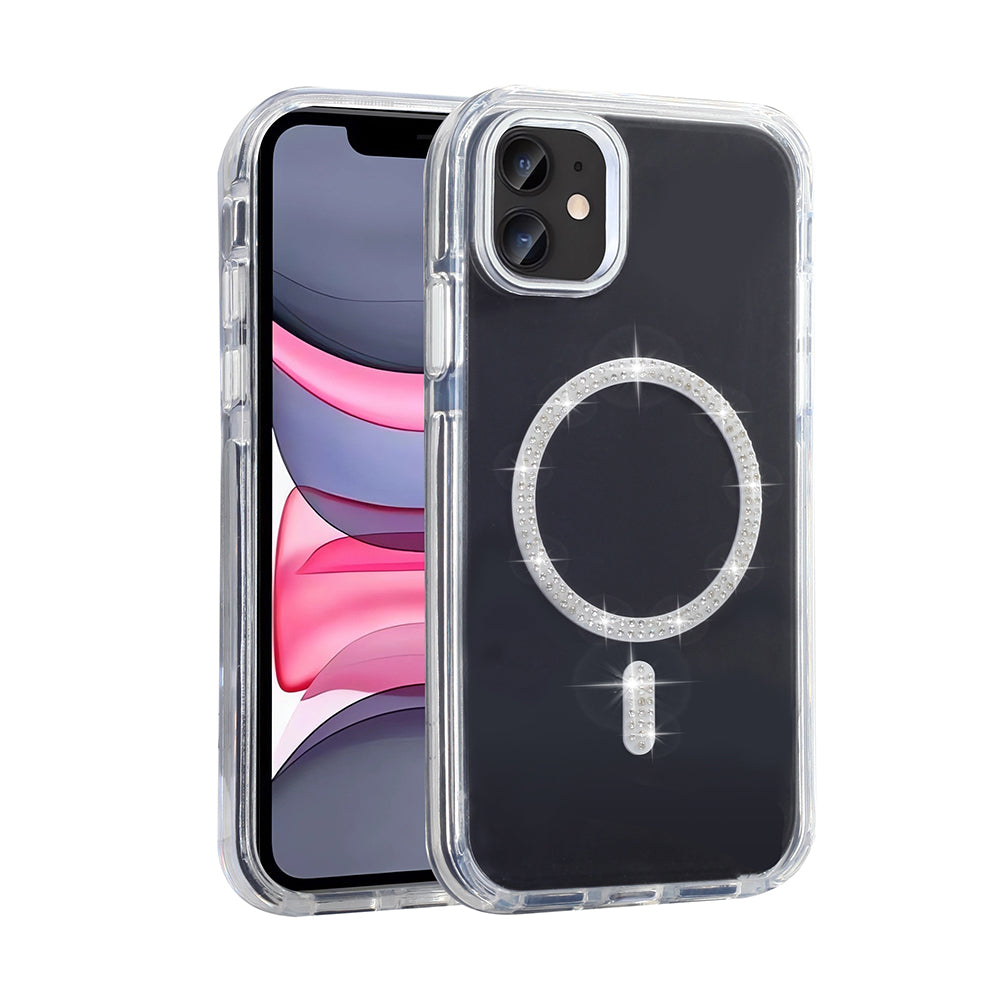Apple iPhone 11 Kılıf Taşlı Tasarım M-safe Şarj Özellikli Zore Koment Silikon Kapak Gümüş