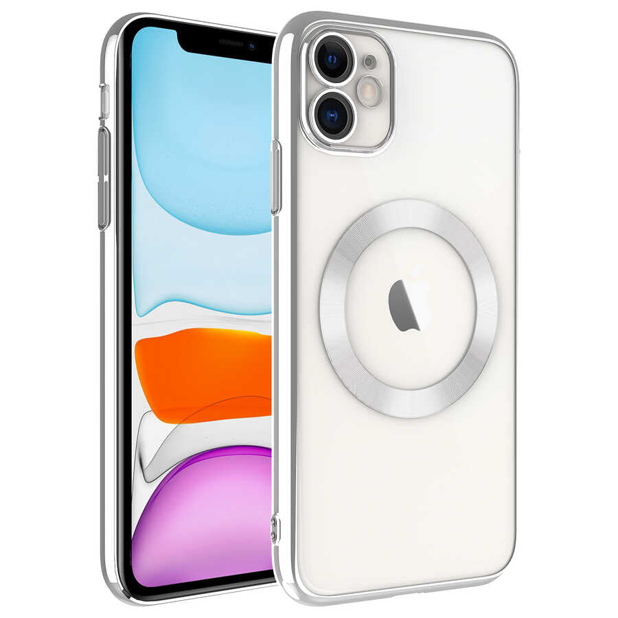 Apple iPhone 11 Kılıf Wireless Şarj Özellikli Sert PC Zore Riksos M-safe Kapak Gümüş