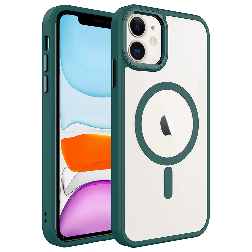 Apple iPhone 11 Kılıf Wireless Şarj Özellikli Zore Krom M-safe Silikon Kapak Koyu Yeşil