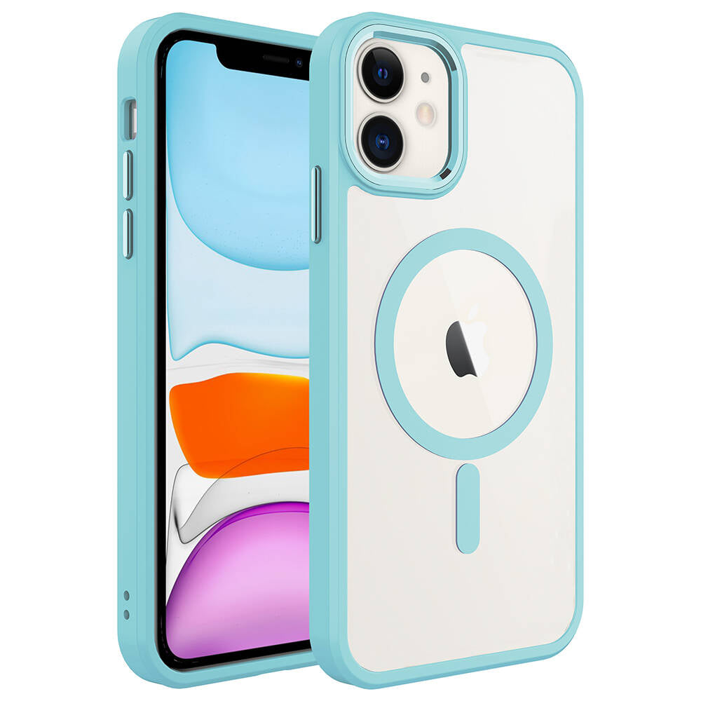 Apple iPhone 11 Kılıf Wireless Şarj Özellikli Zore Krom M-safe Silikon Kapak Mavi