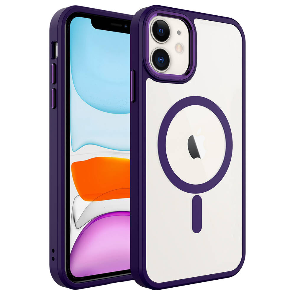 Apple iPhone 11 Kılıf Wireless Şarj Özellikli Zore Krom M-safe Silikon Kapak Derin Mor