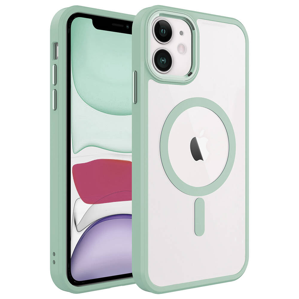 Apple iPhone 11 Kılıf Wireless Şarj Özellikli Zore Krom M-safe Silikon Kapak Yeşil
