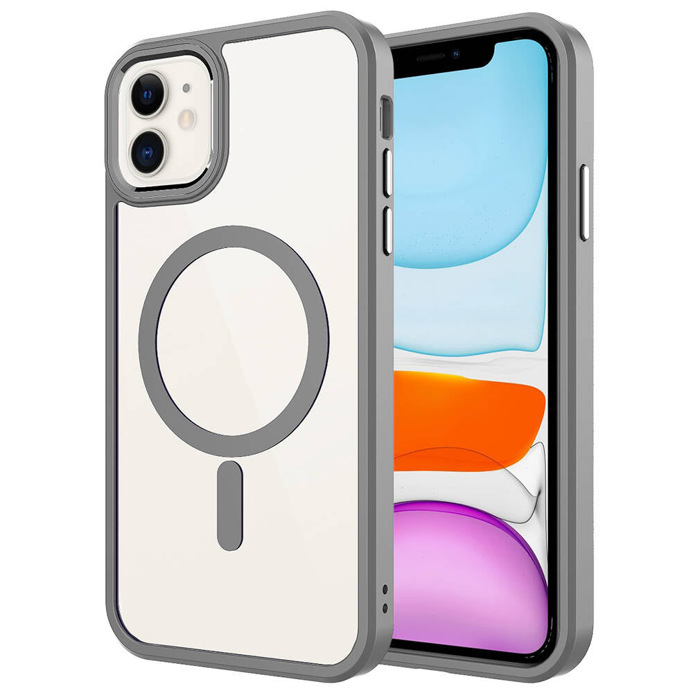 Apple iPhone 11 Kılıf Wireless Şarj Özellikli Zore Krom M-safe Silikon Kapak Titanyum