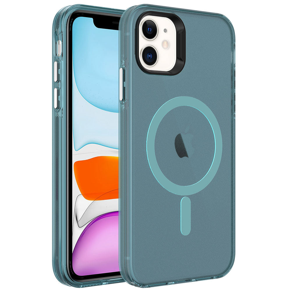 Apple iPhone 11 Kılıf Zore M-safe Şarj Özellikli Buzlu Transparan C-Pro Sert Kapak Yeşil