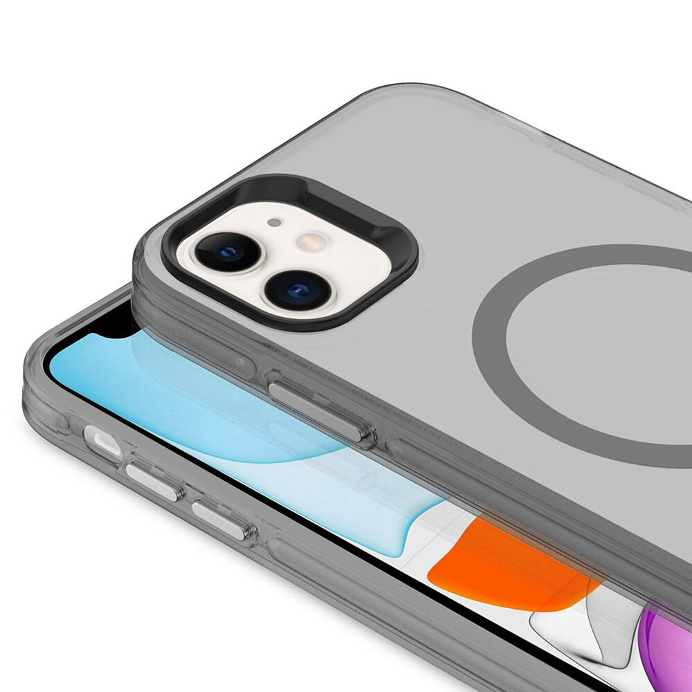Apple iPhone 11 Kılıf Zore M-safe Şarj Özellikli Buzlu Transparan C-Pro Sert Kapak Koyu Gri