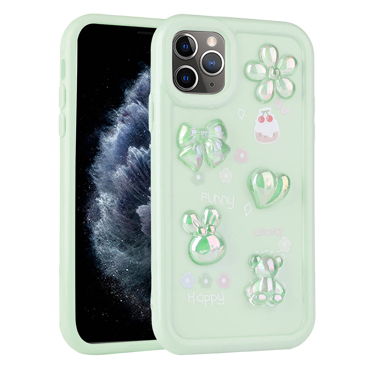 Apple iPhone 11 Pro Max Kılıf Kabartma Figürlü Parlak Zore Toys Silikon Kapak Açık Yeşil