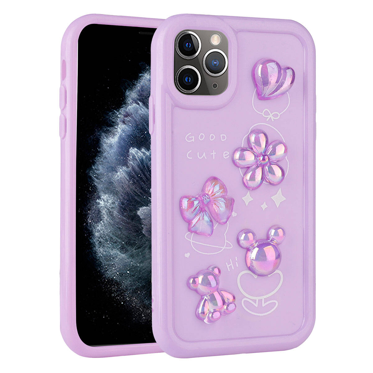Apple iPhone 11 Pro Max Kılıf Kabartma Figürlü Parlak Zore Toys Silikon Kapak Mor
