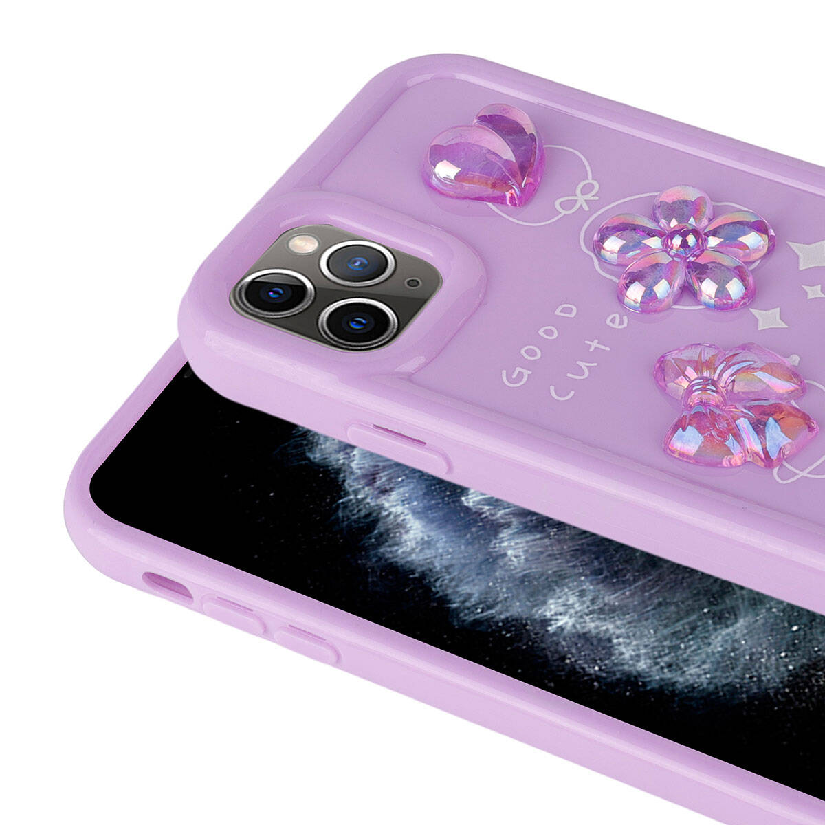 Apple iPhone 11 Pro Max Kılıf Kabartma Figürlü Parlak Zore Toys Silikon Kapak Mor