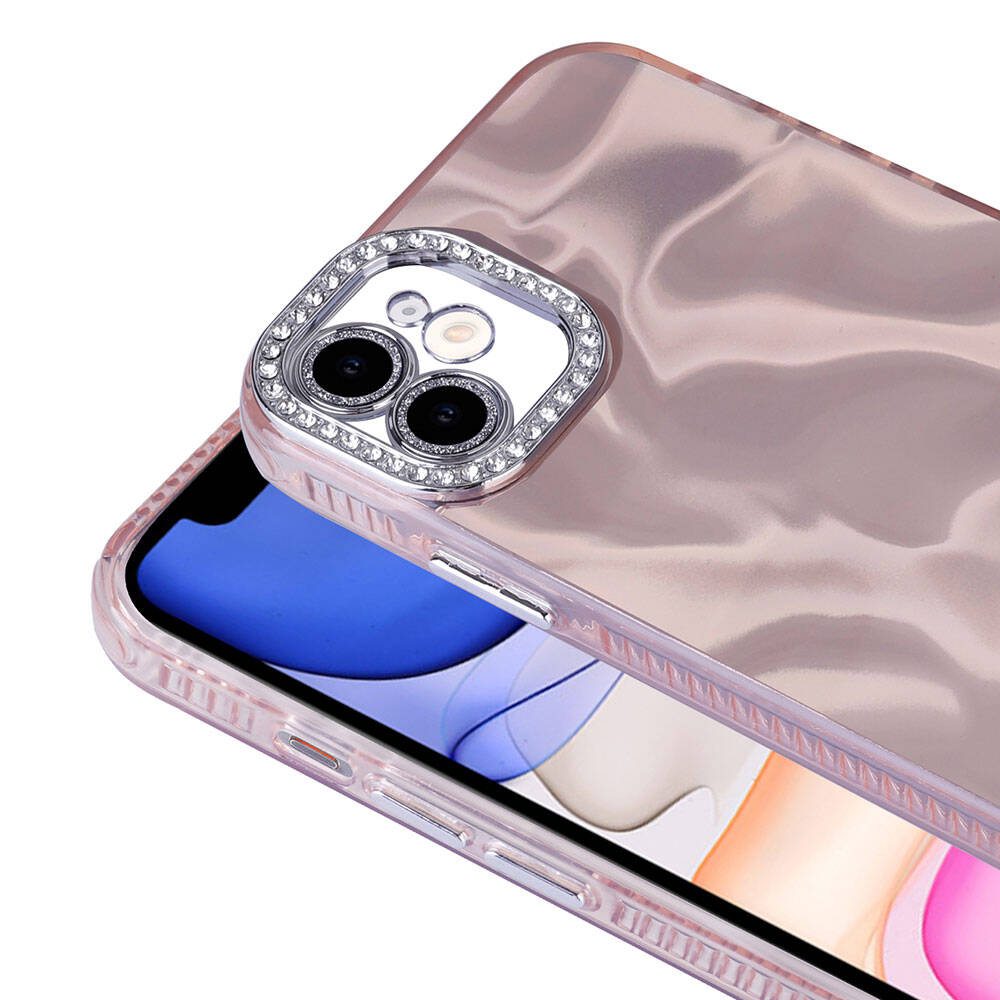 Apple iPhone 12 Kılıf Airbagli Parlak Taş Detay Tasarımlı Zore Esila Kapak Pembe